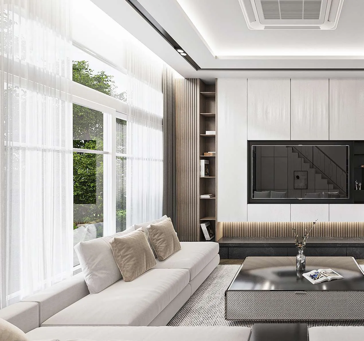 3D visualization of a bright living room with a white feature wall, built-in shelving and a low grey sofa